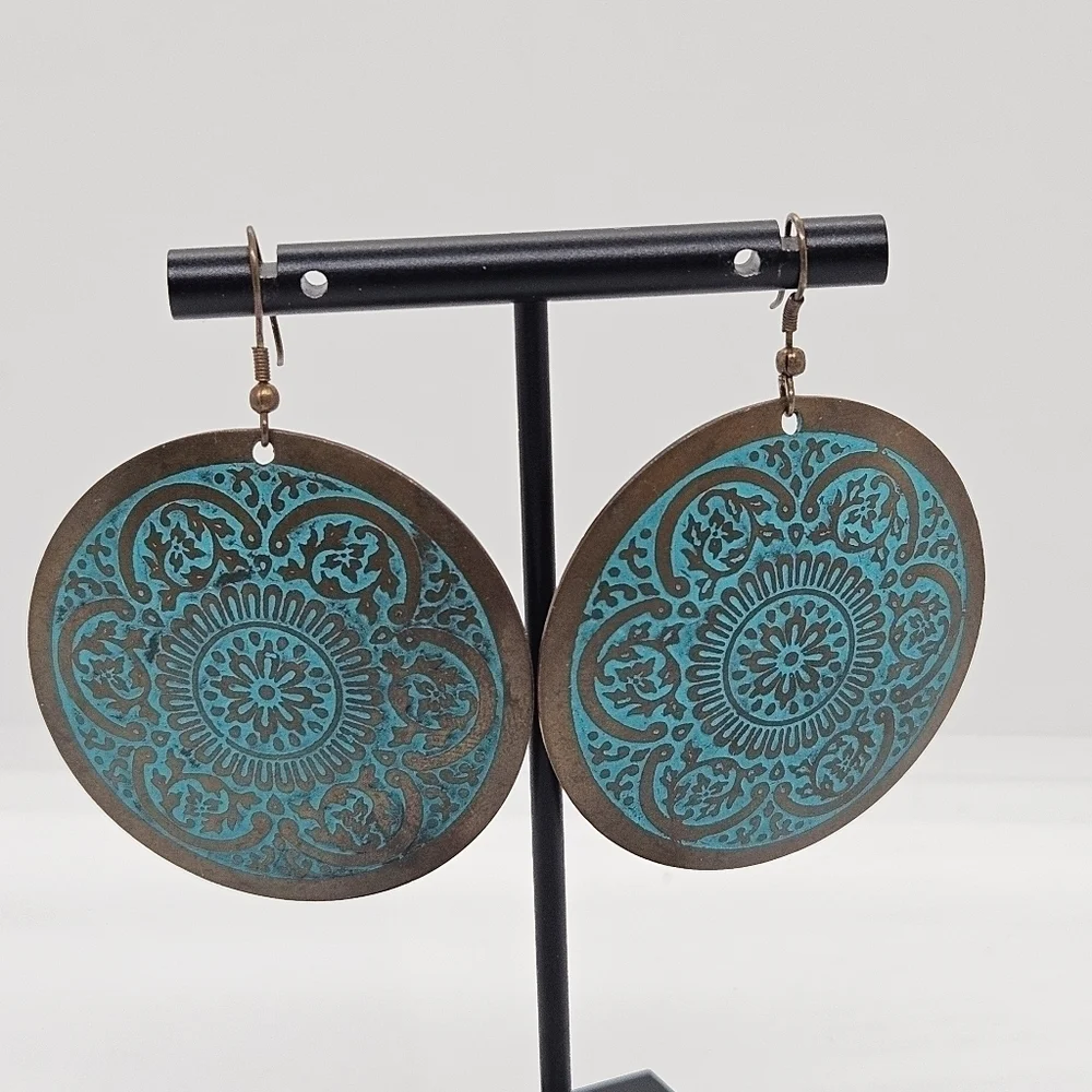 copper and turquoise blue mandala disk earrings
